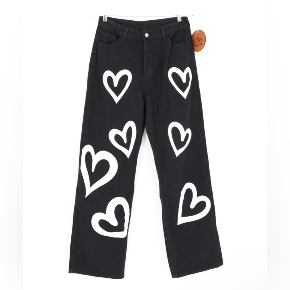 Shein Women Black Heart Print Wide Leg Denim Jeans Large High Waisted Streetwear